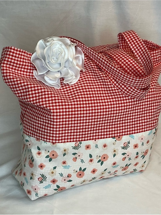 Handmade Handbags - 2033 - Handmade Red Gingham & Floral Women’s Tote Bag with White Rosette